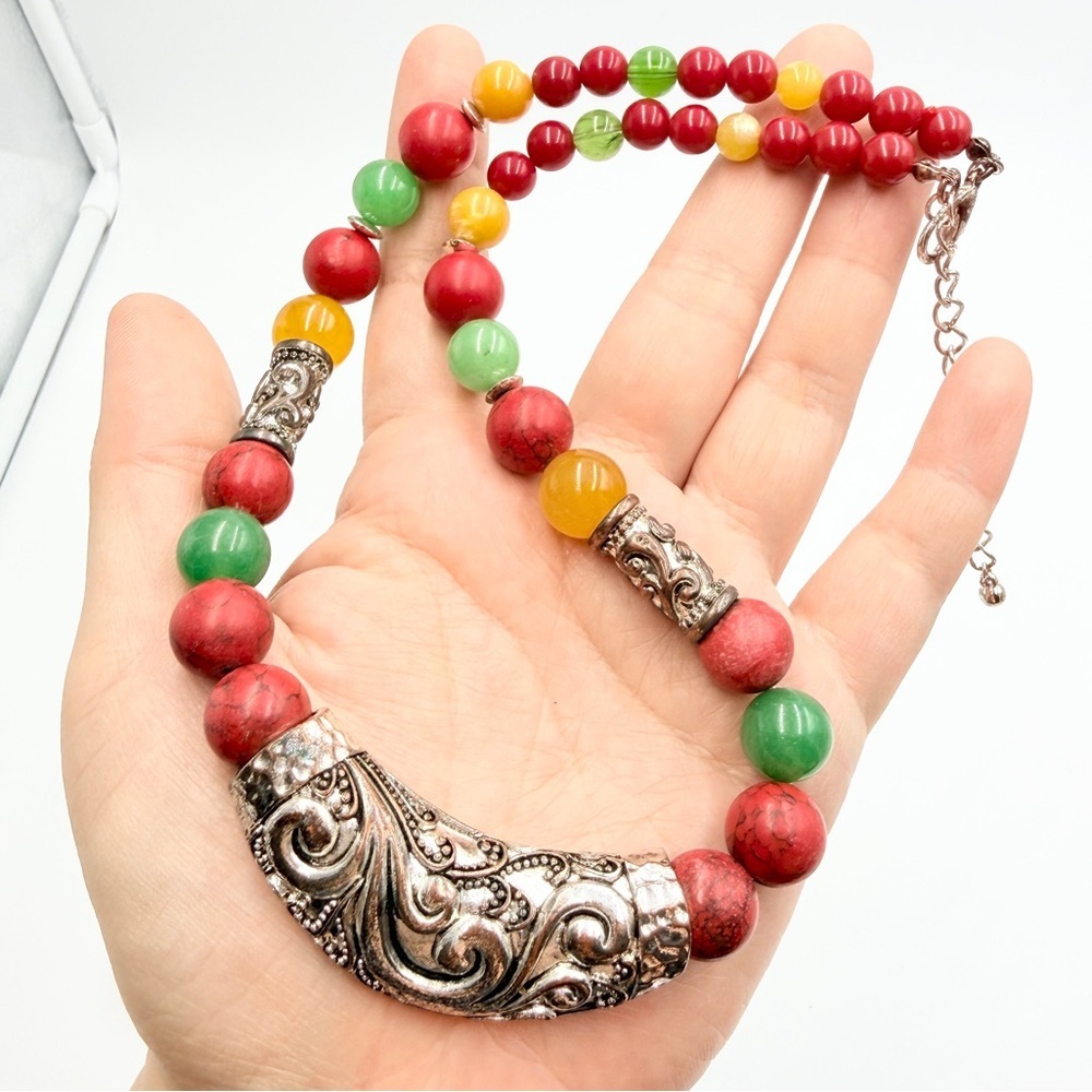 Vintage Ethnic Tribal Beaded Necklace w/ Silver Tone Scroll Statement Pendant